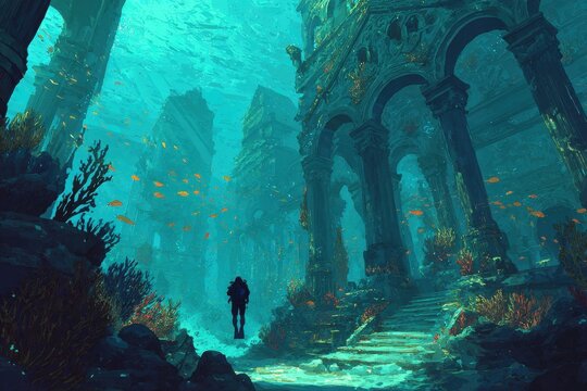 Underwater discovery: a lone scuba diver uncovers the lost city of Atlantis among glowing ruins