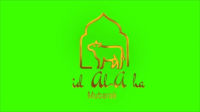 Golden eid al-adha mubarak logo with cow and mosque archway