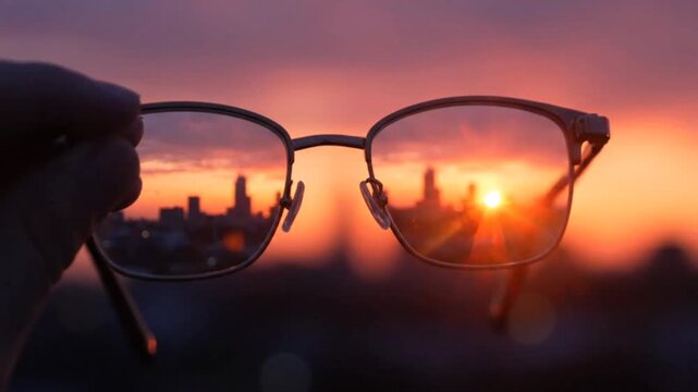 Human hand holding eyewear against beautiful sunset sky background watching orange sun setting behind blurred cityscape silhouettes during golden hour golden scenery.