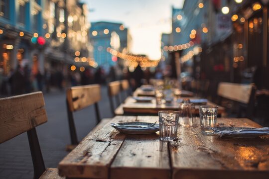 Urban outdoor gastronomy setup on a sunlit city street with rustic wooden seating and intimate dining