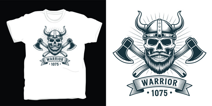 Viking warrior skull wearing horned helmet with crossed axes vintage tshirt design bearded skeleton head with sunburst.