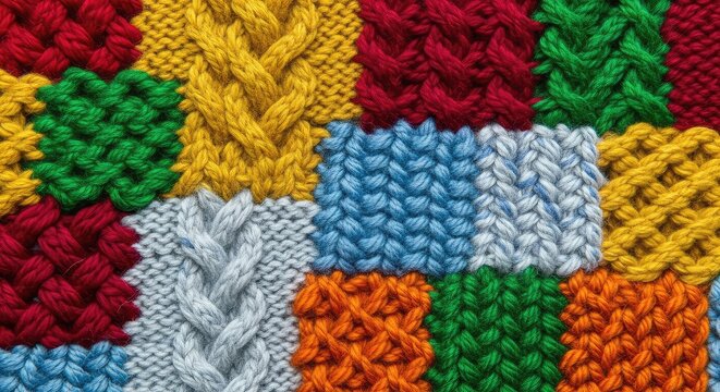 Detailed macro shot of a handcrafted woolen fabric showcasing a colorful patchwork design with intricate knitting patterns and soft yarns, abstract, patch, closeup