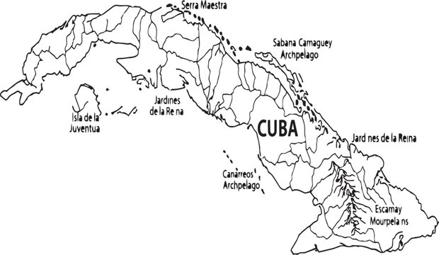 Black and white outline map of cuba showing provinces and main geographical features like mountains and archipelagos