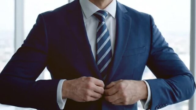 Professional businessman in a crisp white shirt and a stylish blue striped tie, standing confidently in front of a bright window, adjusting his sleek navy blue suit jacket, preparing for an important 