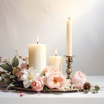 Romantic still life with lit candles and pastel peonies