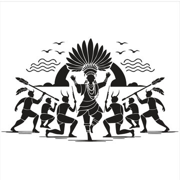 Tribal shaman dancing with warriors during sunset ritual ceremony
