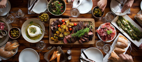 Fototapeta premium an overhead view presents a long wooden table set for a multi course meal, with numerous plates and hands indicating a group of people dining