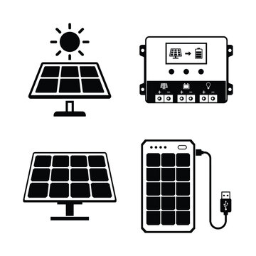 Solar energy icon set with solar energy panel controller grid and smart meter black and white vector