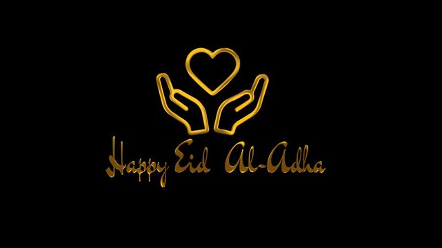 Golden hands with heart eid al-adha greeting on black background