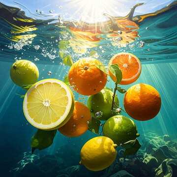 Underwater citrus fruits with sun rays filtering through water
