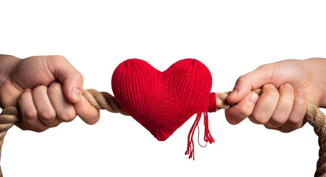 Two hands pulling on a rope with a red heart in the middle isolated on white background