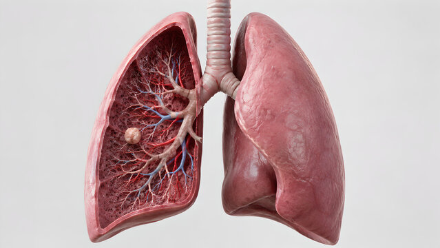 Photorealistic 3D Human Lung Solitary Pulmonary Nodule, Medical Anatomy Render, Pleural Texture, Bronchial Detail, Clinical Background, 4K Educational