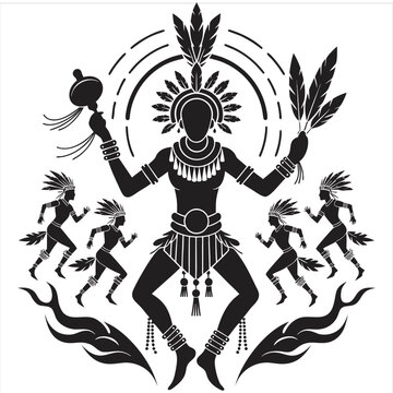 Tribal shaman dancing with warriors during sunset ritual ceremony
