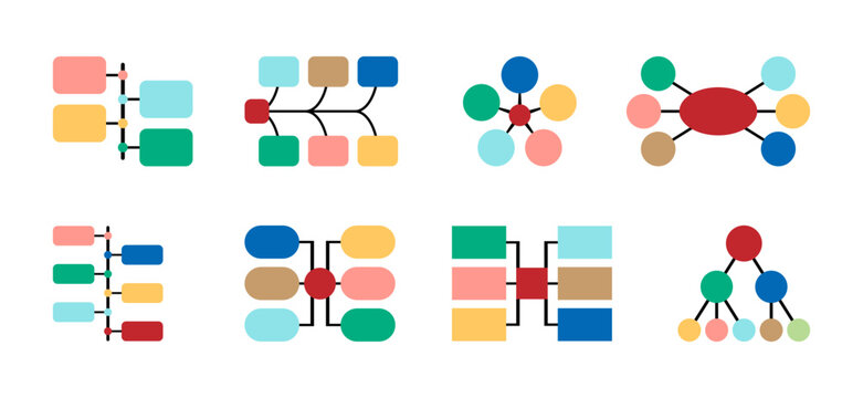 Various abstract visual representations of data structures and relationships, including mind maps and flowcharts, presented in a clean, modern style