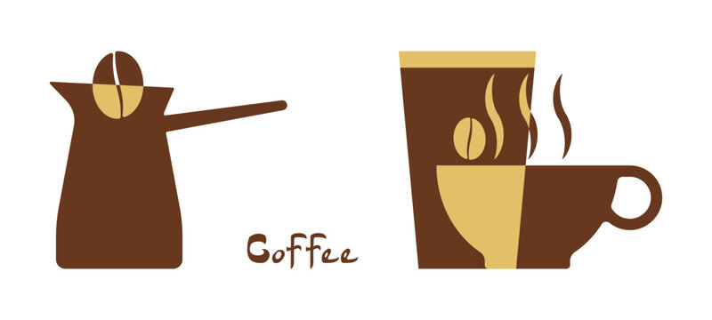 Minimalist graphic design featuring a cezve with a coffee bean and a steaming cup of coffee. Stylized coffee pot and cup with bean and steam graphics