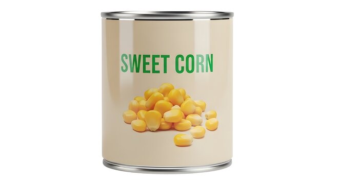 A can of sweet corn on a white background with kernels visible
