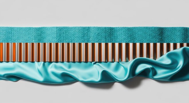 Parallel bands of diverse textures including soft wool, corrugated metal, and smooth silk in a balanced palette of teal and orange tones, fabric, structure, abstract