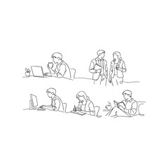 Obraz premium Stick figure vector illustration of a cartoon family on the beach with business people in a circle and a group of school kids in a row
