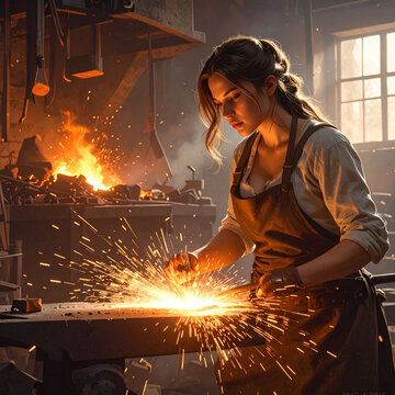Female blacksmith forging glowing metal