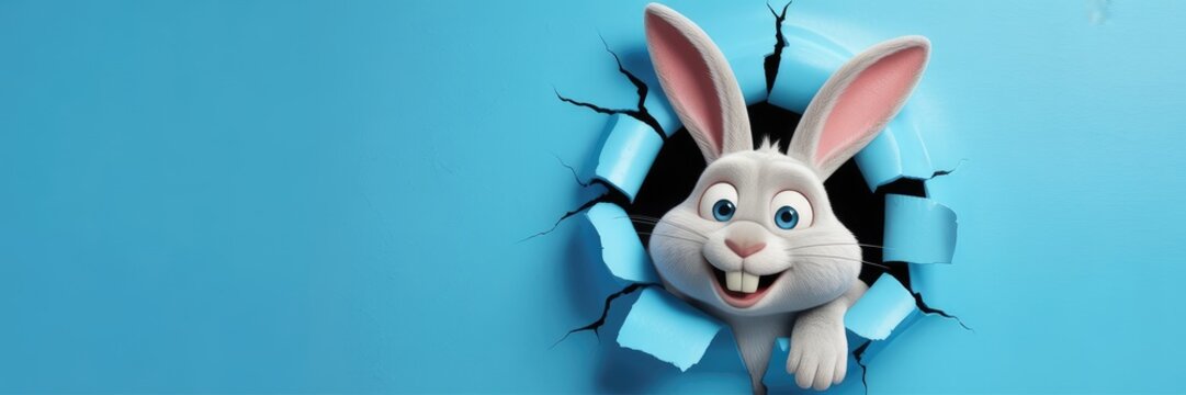 3 d cartoon rabbit peeking through torn blue paper