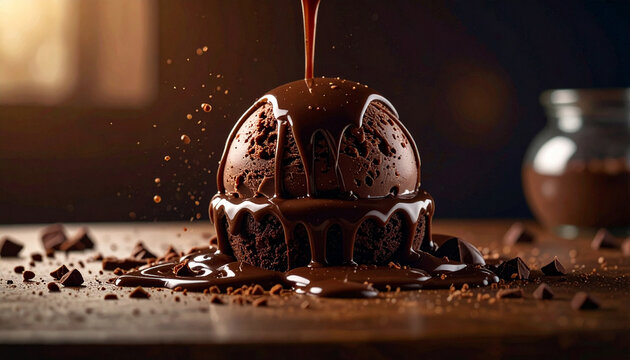 Melted chocolate pouring on dessert