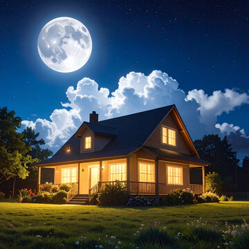 Glowing home beneath large moon
