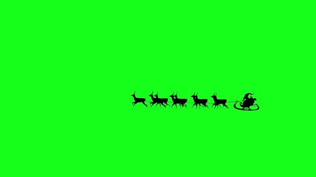 Santa Claus Sleigh Pulled by Reindeer Silhouette on Green Screen Background