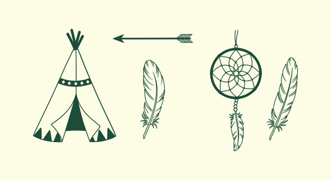Bohemian Tribal Elements Collection Vector Icons Featuring Wigwam Arrow Dreamcatcher and Feathers