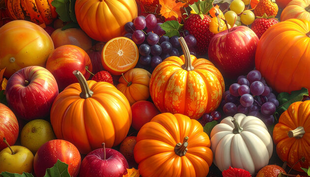 Autumn Harvest Pumpkins and Fruits Still Life