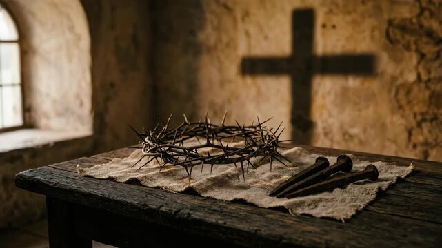 Crown of thorns and iron nails on rustic wooden table. Religious symbol for Jesus Christ sacrifice and crucifixion. Catholic church setting with shadow of cross.