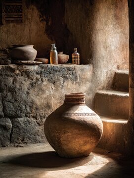 Traditional Ethiopian Tej Fermentation in Clay Jar with Honey and Water in Village Kitchen