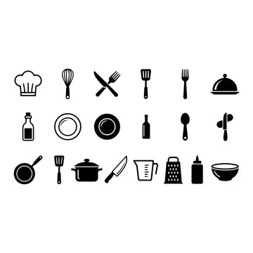 Black silhouette kitchen utensils and cookware collection isolated on white
