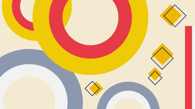 Seamless loop animation of abstract geometric circle shapes swaying and pulsing with a Bauhaus aesthetic, featuring a color palette of yellow, red, and cream on a gray background