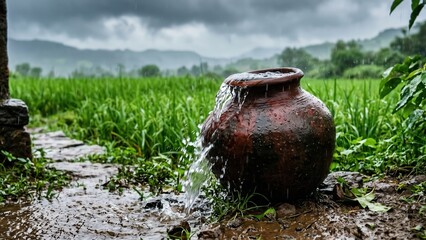 Obraz premium Overflowing Clay Water Pot in Monsoon Rain – Symbolic Rural Abundance Banner