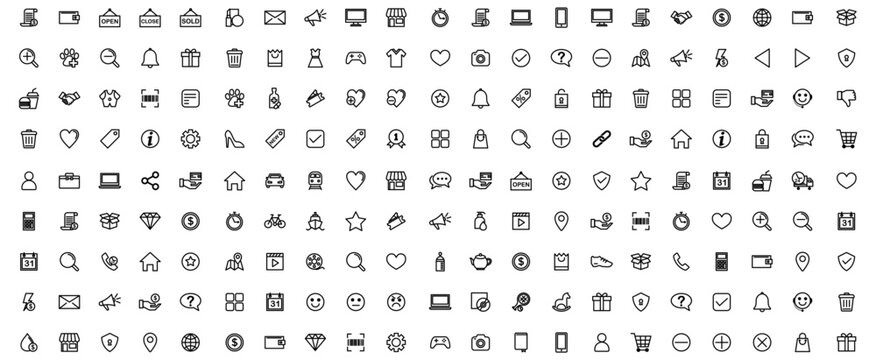 Set of 200 universal essential interface thin line icons for mobile app or web site, simple flat design.