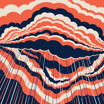 Stylized rainy cloud illustration, layered blue and white clouds with falling rain lines,