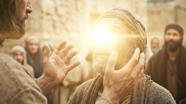Jesus Christ healing a blind man in a biblical village. Divine miracle of restoring sight to an elderly pilgrim. Spiritual salvation and religious faith concept.