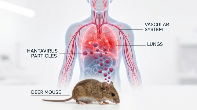 Deer mouse under transparent human torso with glowing lungs and hantavirus particles on white medical background, respiratory infection transmission concept