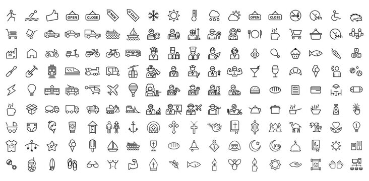Variety of outlined vector icons for various everyday concepts, professions, food, and cultural symbols.