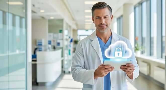 M&eacute;dico em corredor de hospital com tablet e &iacute;cone de nuvem segura 