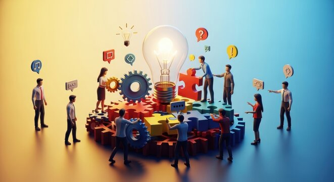 Illumination of Innovative Teamwork: A collaborative scene of a diverse team working together to build a puzzle, symbolizing the birth of an idea, innovation, and unity.