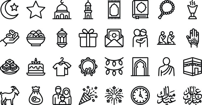 Islamic holiday line icons set ramadan eid al adha and religious symbols
