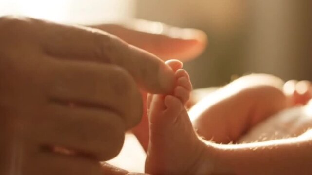 Gentle touch of parent's hands caring for tiny newborn baby feet in warm sunlight, showing love and connection, delicate toes, healthy child.