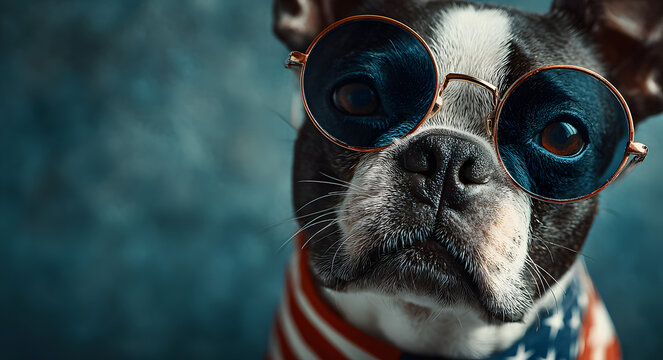 Labor Day is celebrated by the Patriotic Boston Terrier with an American flag and sunglasses.