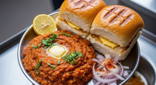 Pav Bhaji Delight: A vibrant platter of Pav Bhaji, a beloved Indian street food, featuring a rich, flavorful vegetable curry topped with a dollop of butter, served with soft, toasted buns.