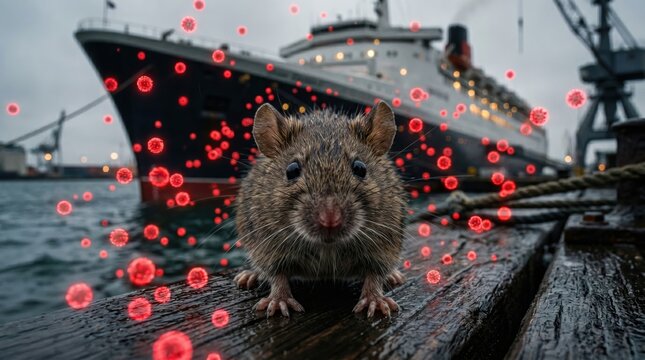 Brown rat on rain soaked dock in front of cruise ship with red virus particles, hantavirus outbreak from maritime travel concept
