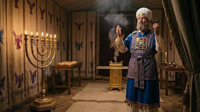 Jewish high priest praying in ancient tabernacle with incense and menorah. Biblical scene of faithful man performing religious sacrifice inside sacred tent area.