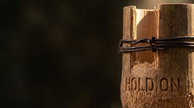 Split bamboo cup bound tightly with weathered iron wire with hold on text engraving, concept of persistence, strength and resilience under pressure