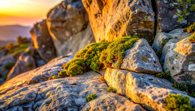 Close-up view of intricate gray rock textures and bright green lichen on a weathered mountain boulder at sunset.