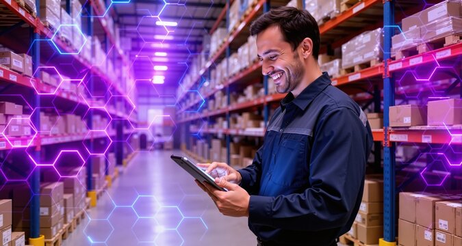 A warehouse worker smiles while managing inventory on his digital tablet in a busy distribution center. Style - Abstract bright glowing neon purple blue hexagonal network pattern high tech background.